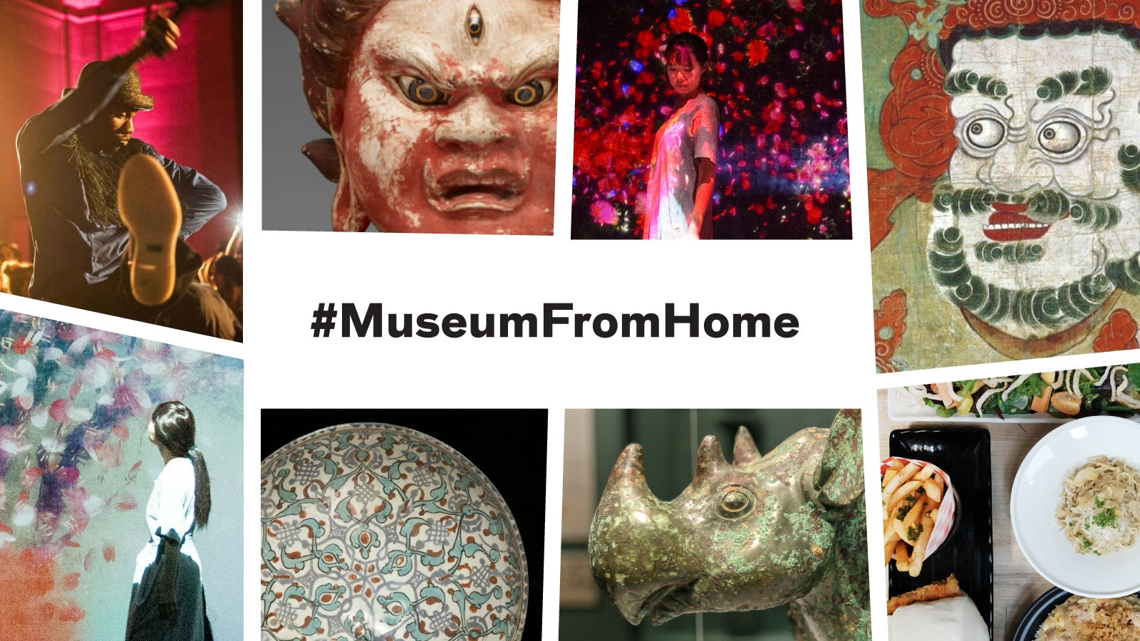 Collage of artworks and photographs with #MuseumFromHome in the center.